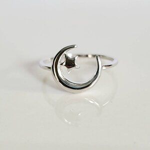 Crescent Moon Star Ring, Sterling Silver Women Ring, Bohemian Jewelry, Midi Ring